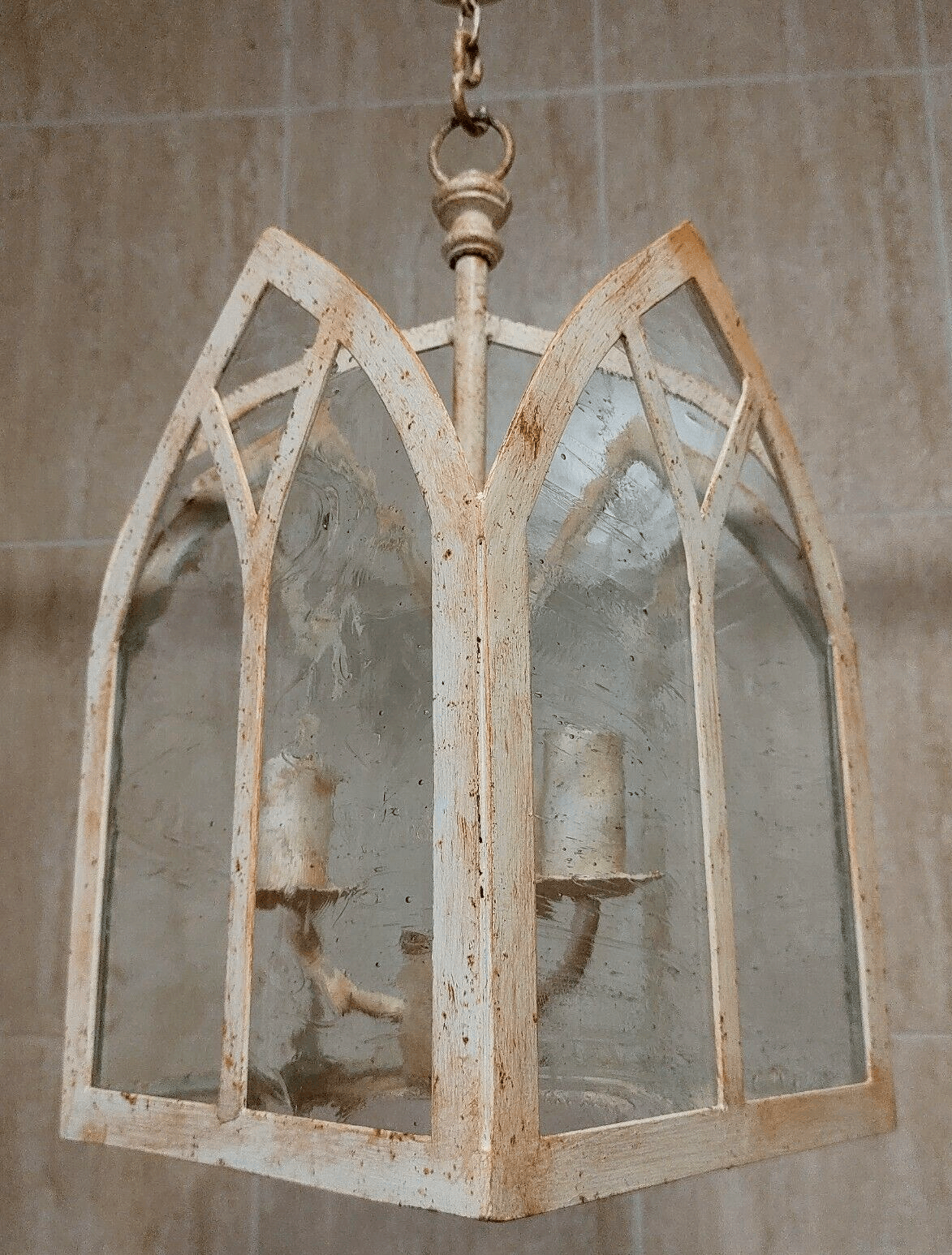 20th Century Gothic Revival Church Window Hanging Ceiling Lantern Light Pendant Glass & Metal - Tommy's Treasure