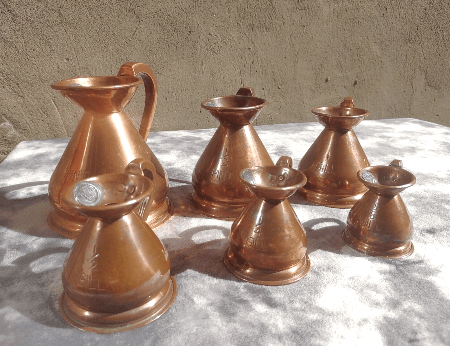 19th Century Antique Victorian English Copper Haystack Measuring Pitcher Jug Set - Tommy's Treasure