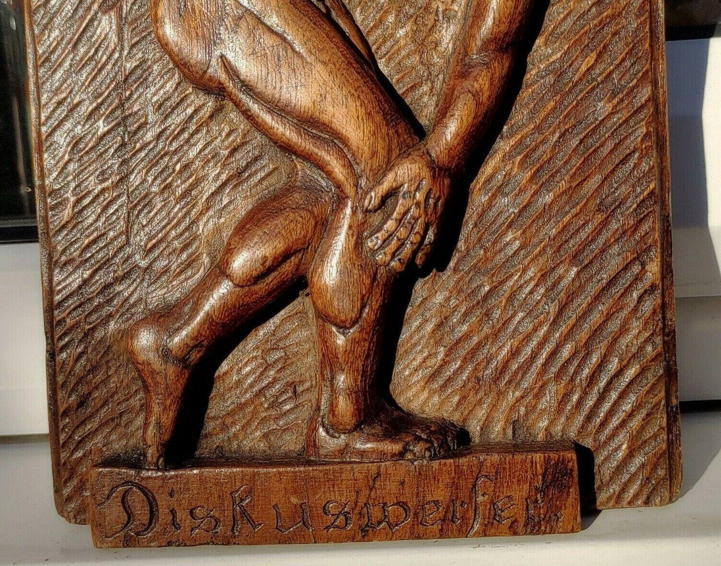 Antique German Carved Oak Classical Grecian Greek Discus Thrower Wood Plaque - Tommy's Treasure