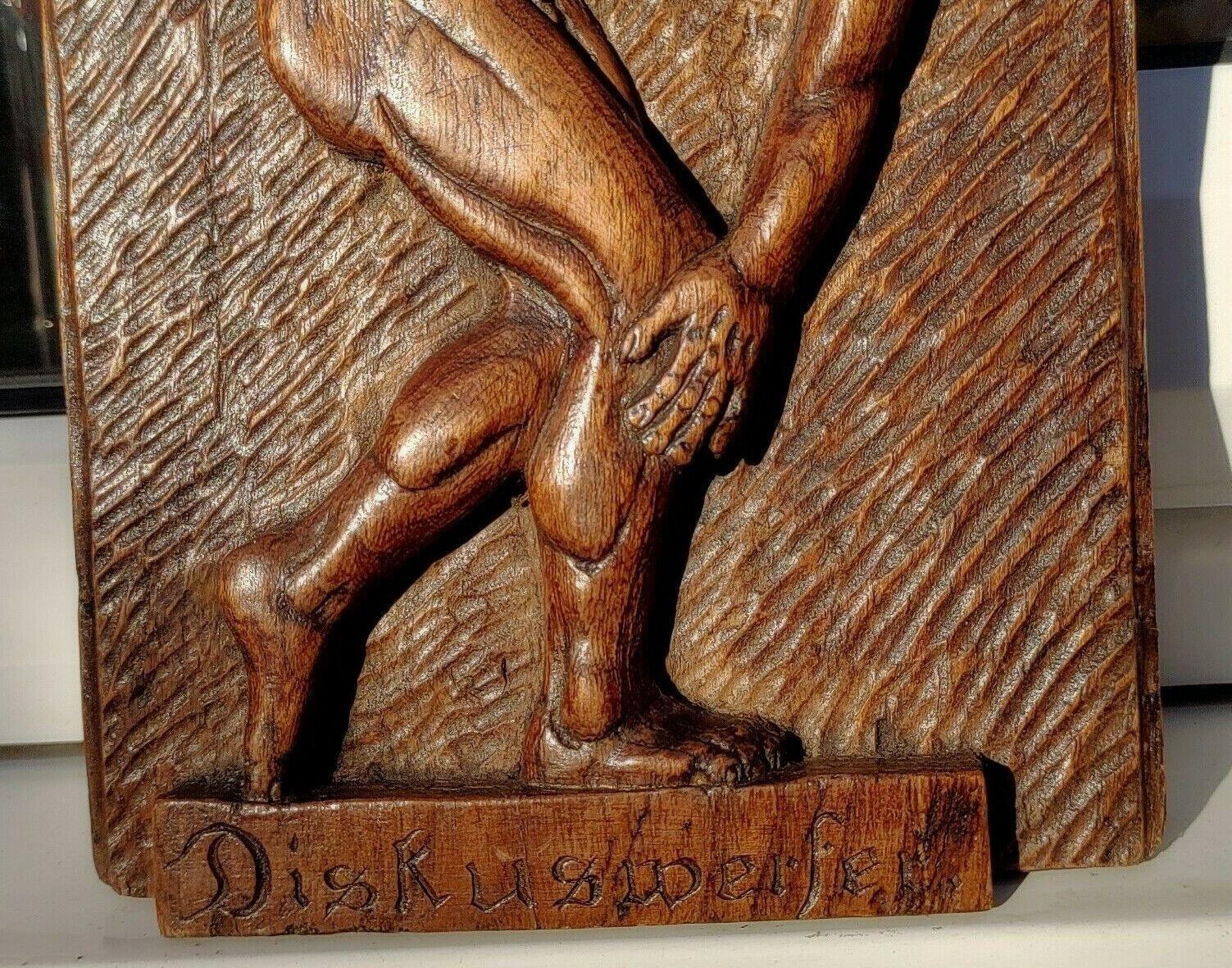 Antique German Carved Oak Classical Grecian Greek Discus Thrower Wood Plaque - Tommy's Treasure