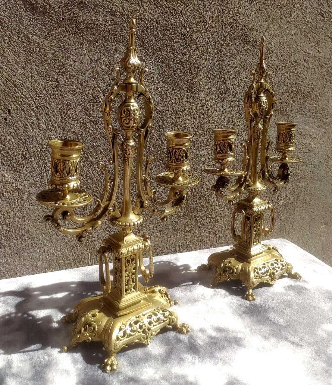 Pair of Ornate Victorian Antique Brass Candelabra Twin Candlestick Holders 36 cm