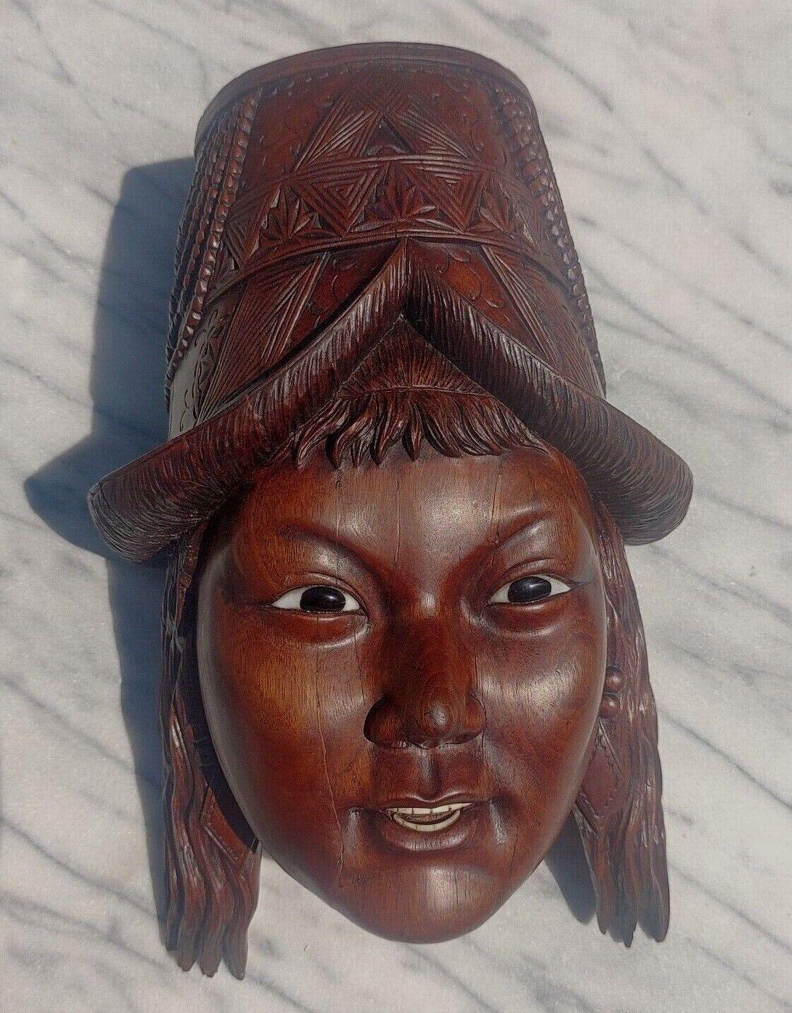 Antique Chinese Hand Carved Rosewood Inlaid Woman Empress Face Mask Sculpture - Tommy's Treasure