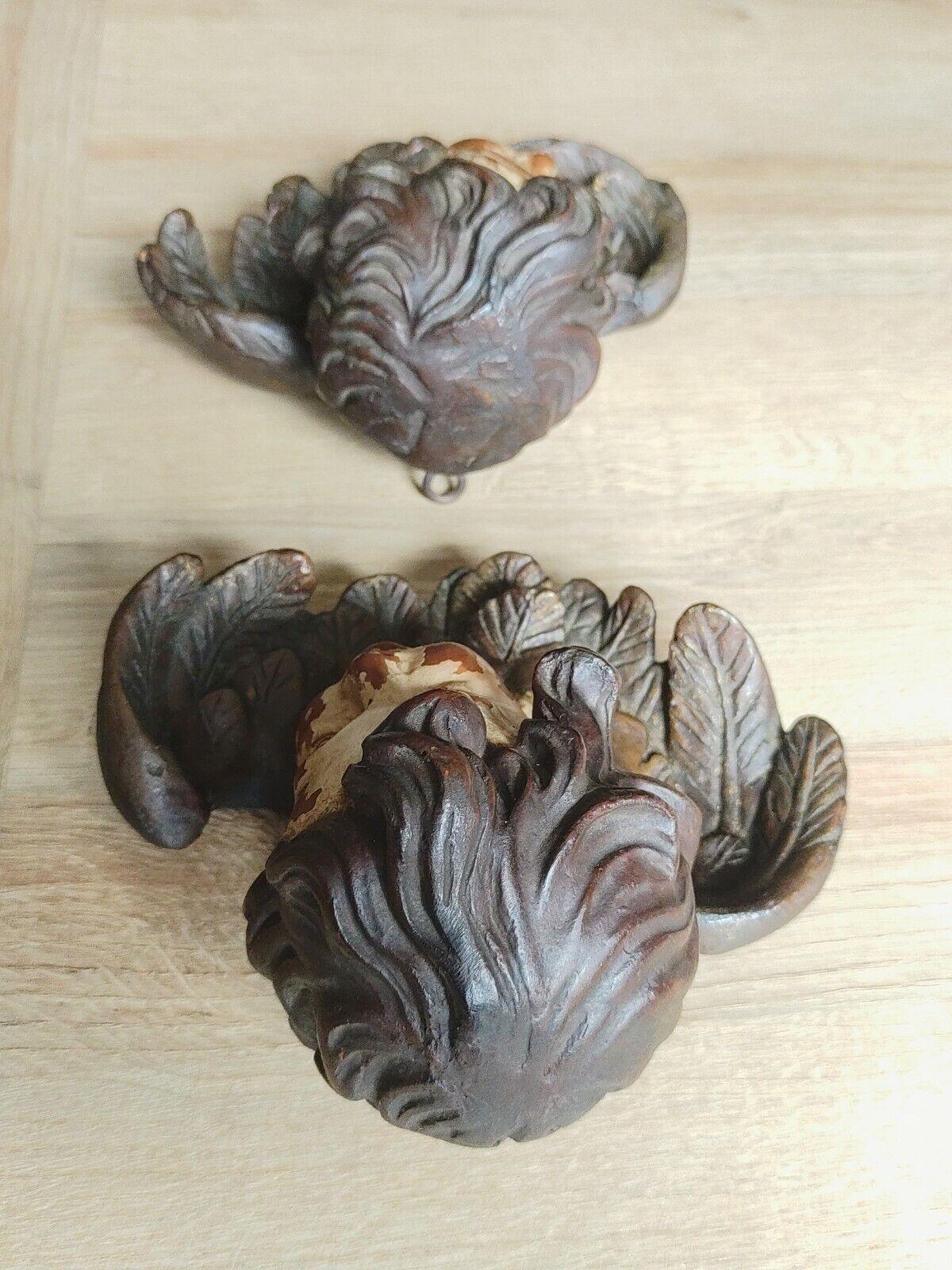 Antique Pair of German Baroque Cherub Angel Putti Head Plaster Wood Wall Plaques - Tommy's Treasure
