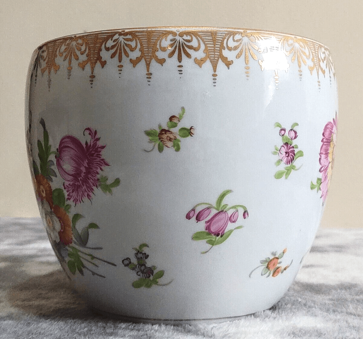 c.1890 Dresden German Porcelain Hand Painted Flowers Antique Jardiniere Plant Pot - Tommy's Treasure