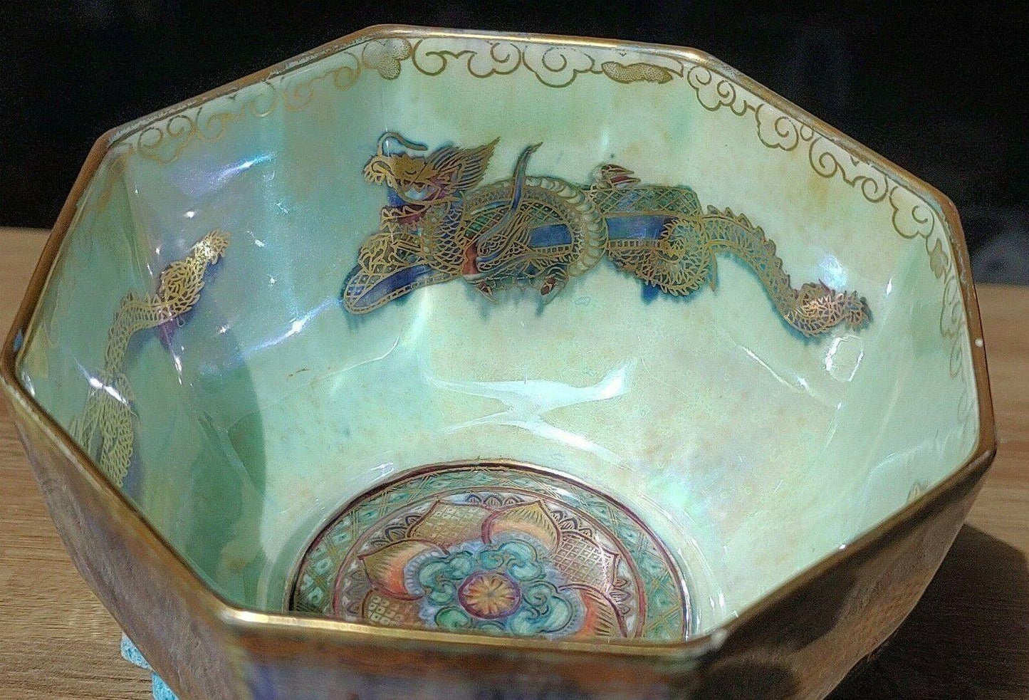 c.1920s Wedgwood Fairyland Lustre Gilt Celestial Dragons Octagonal Bowl - Tommy's Treasure