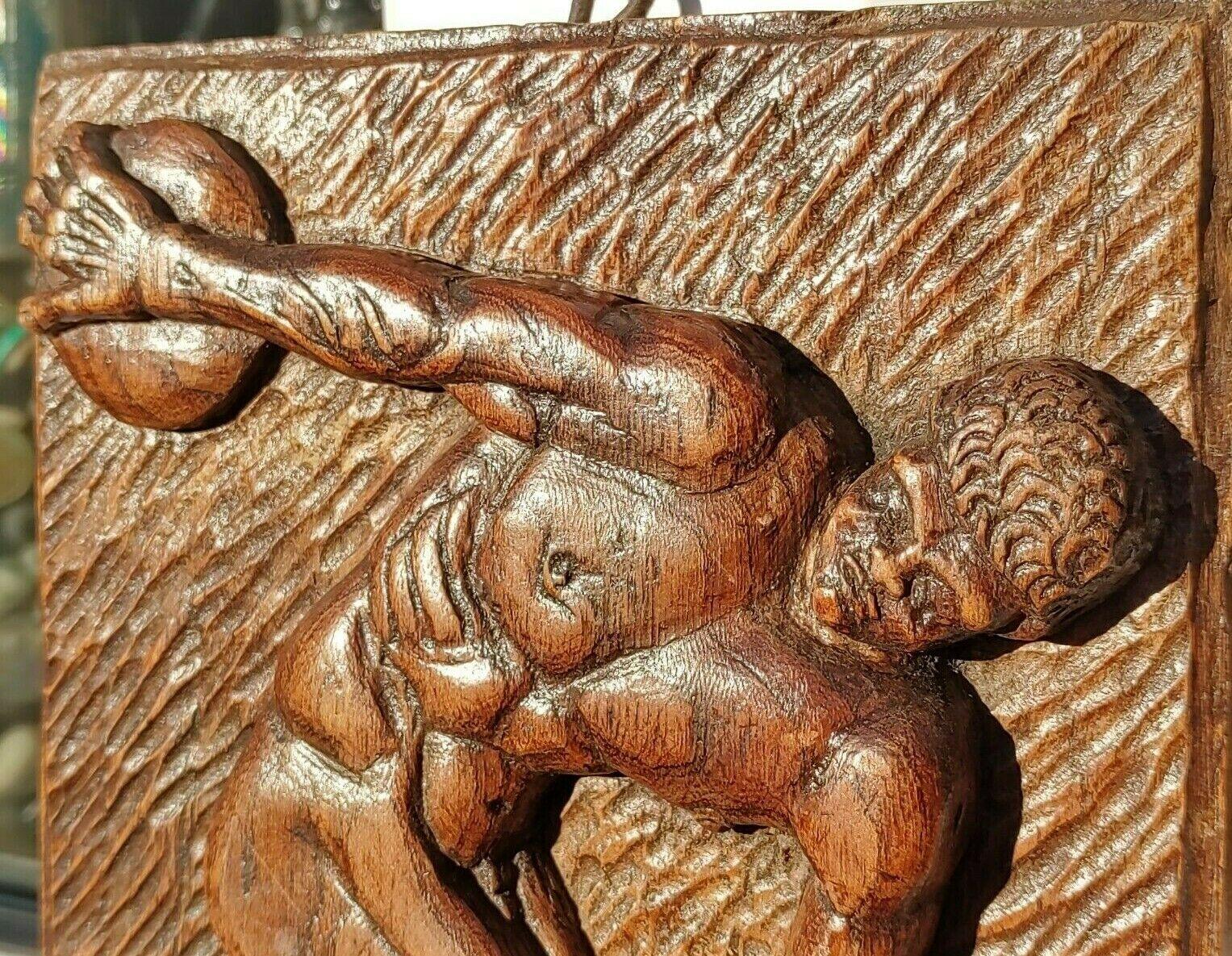 Antique German Carved Oak Classical Grecian Greek Discus Thrower Wood Plaque - Tommy's Treasure