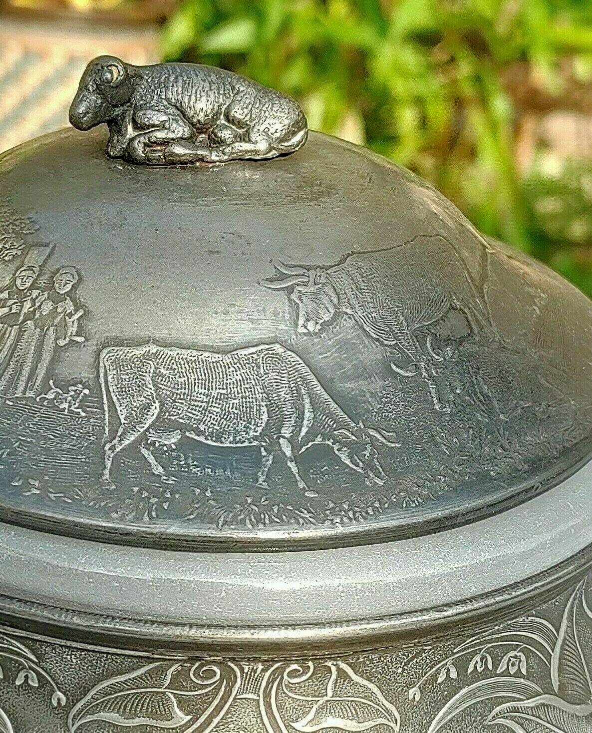Antique Pewter Butter Dish Embossed Farm Agriculture Scene + Glass Liner - Tommy's Treasure