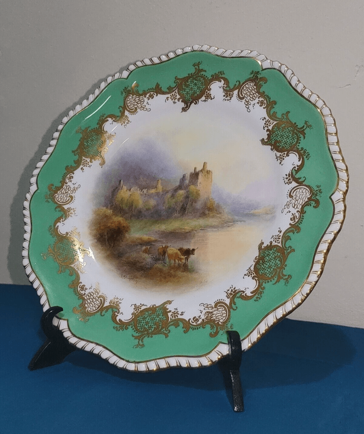 Antique 1921 Royal Worcester Plate Highland Cattle Kilchurn Castle by H. Stinton - Tommy's Treasure