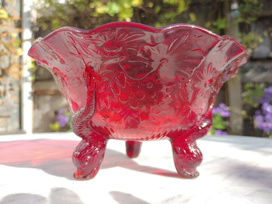 Victorian c.1890 Sowerby Original Diving Dolphin Ruby Red Tri-footed Glass Bowl - Tommy's Treasure