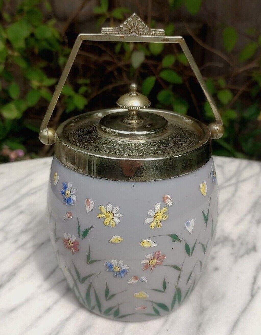 c.1890 Hand Enamelled Milk Glass Silver Plated Biscuit Barrel Cookie Jar - Tommy's Treasure