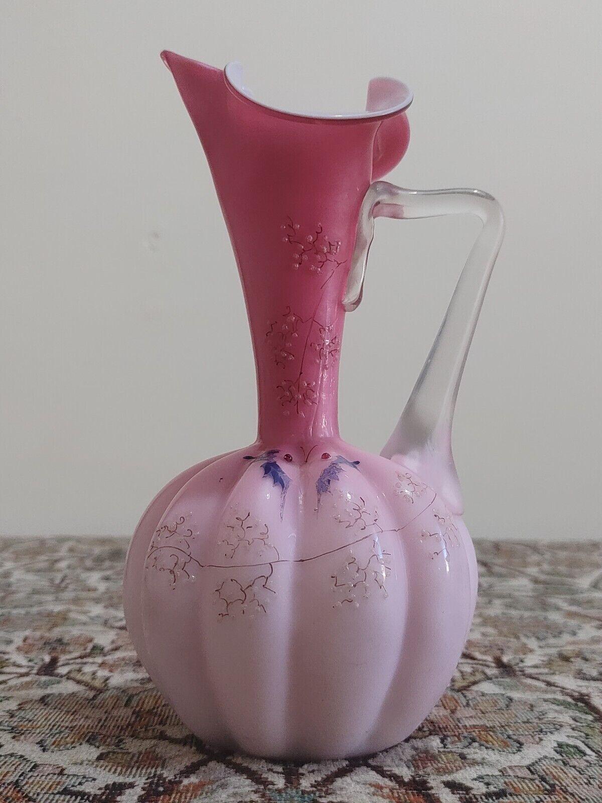Antique Victorian Enamelled Pink Opaline Milk Satin Glass Ewer Jug - Tommy's Treasure