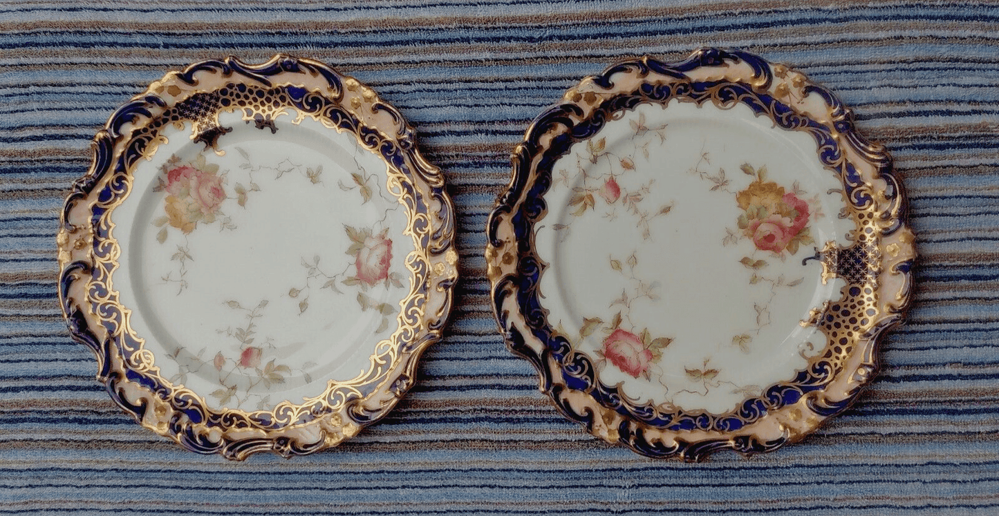 Antique 19th Century Pair Scalloped & Molded Cobalt Blue & Gilt Porcelain Plates - Tommy's Treasure