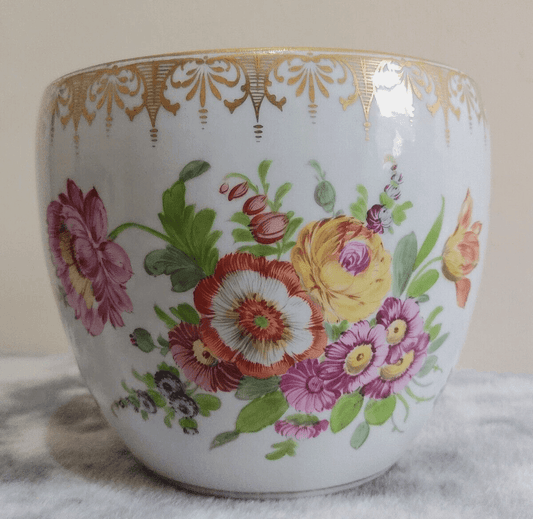 c.1890 Dresden German Porcelain Hand Painted Flowers Antique Jardiniere Plant Pot - Tommy's Treasure