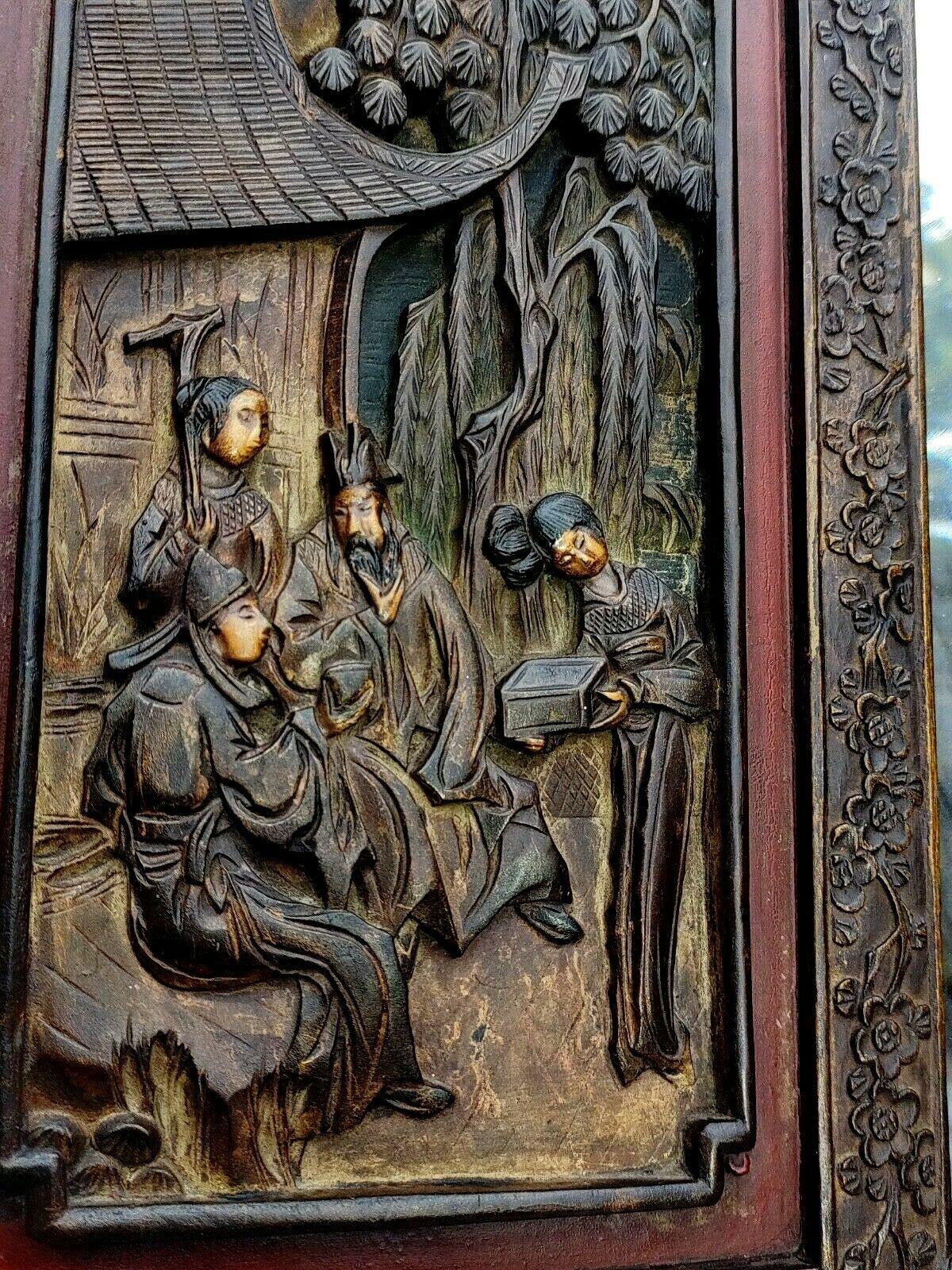 c.1900 Antique Chinese Carved Wood Figural Panel Hardwood Bevelled Mirror - 38" - Tommy's Treasure