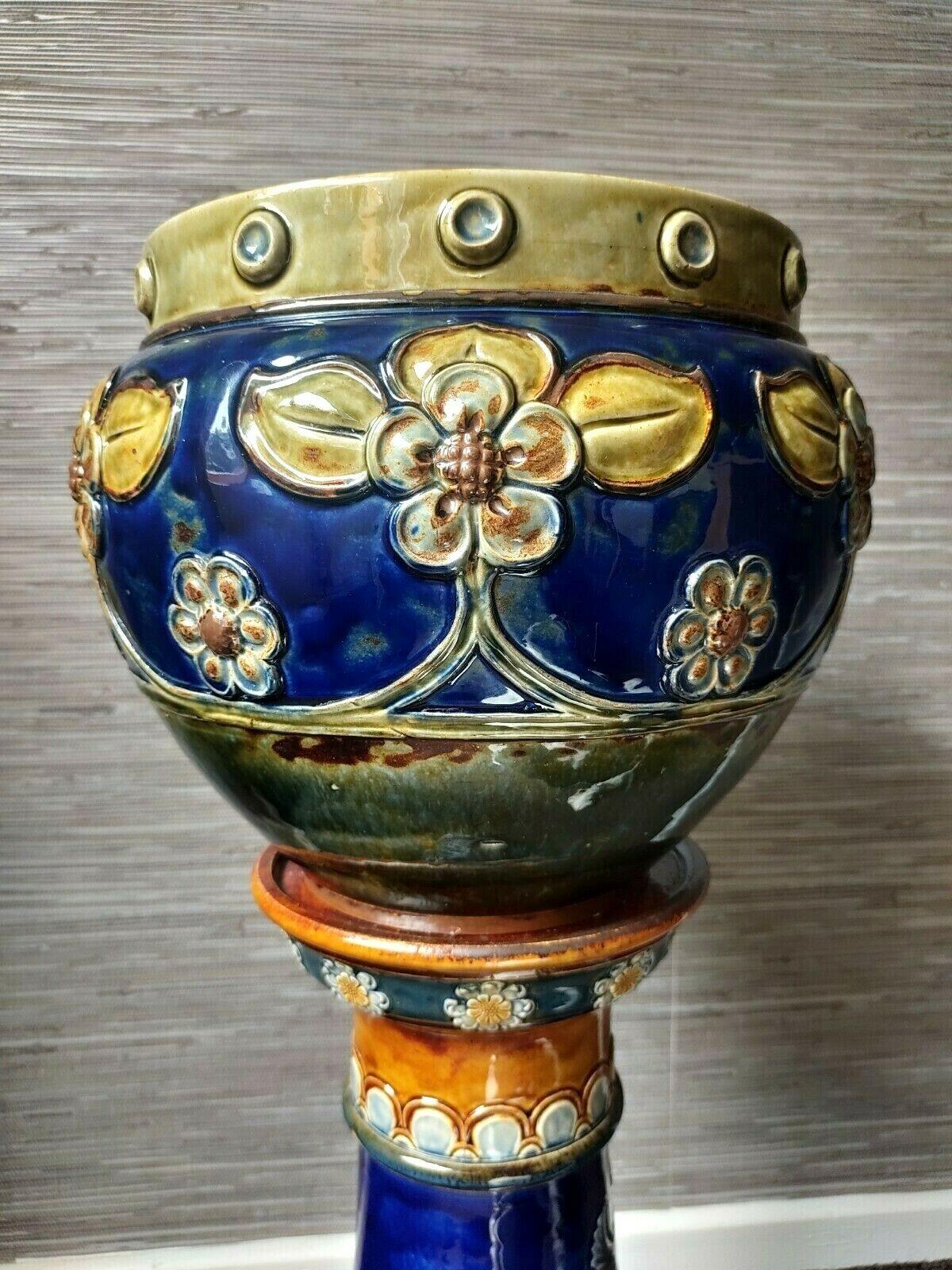 Large Royal Doulton Art Nouveau Jardiniere & Stand Stoneware Pottery - Tommy's Treasure