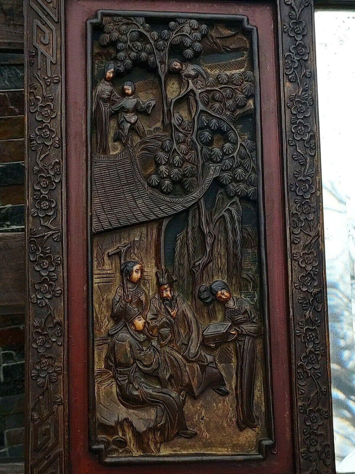 c.1900 Antique Chinese Carved Wood Figural Panel Hardwood Bevelled Mirror - 38" - Tommy's Treasure
