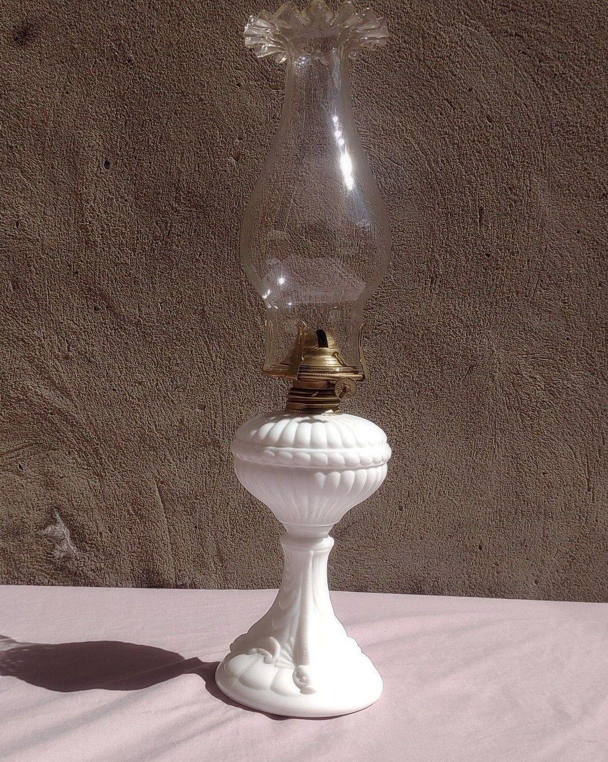 Antique 19th Century French Portieux Vallerysthal White Opaline Milk Glass Oil Lamp - Tommy's Treasure