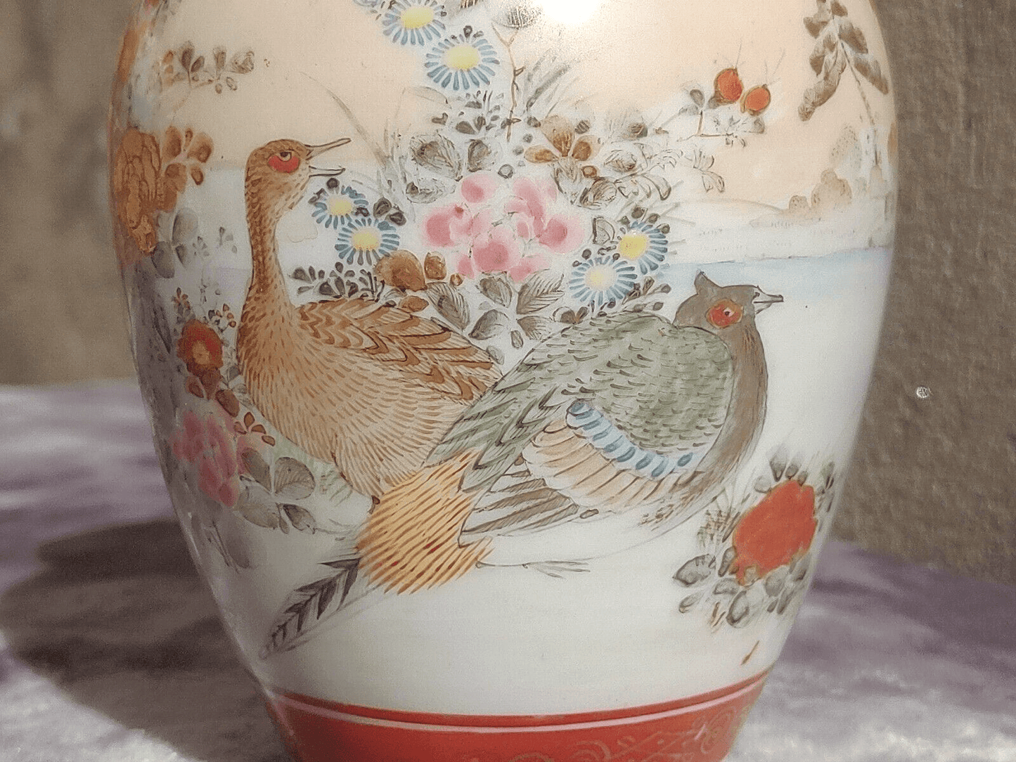Antique Pair of Japanese Meiji Period Signed Kutani Tsukuru Quail Vases 15.5 cm - Tommy's Treasure