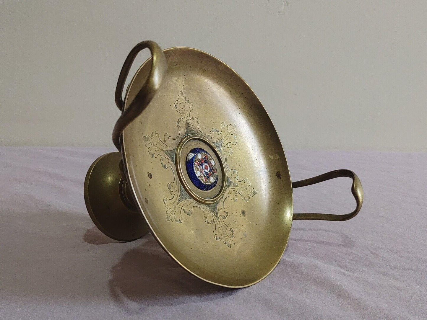 19th Century Arts & Crafts Brass Enamelled Tazza Pedestal Compote Dish - Tommy's Treasure