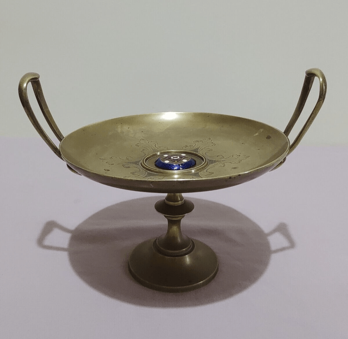 19th Century Arts & Crafts Brass Enamelled Tazza Pedestal Compote Dish - Tommy's Treasure
