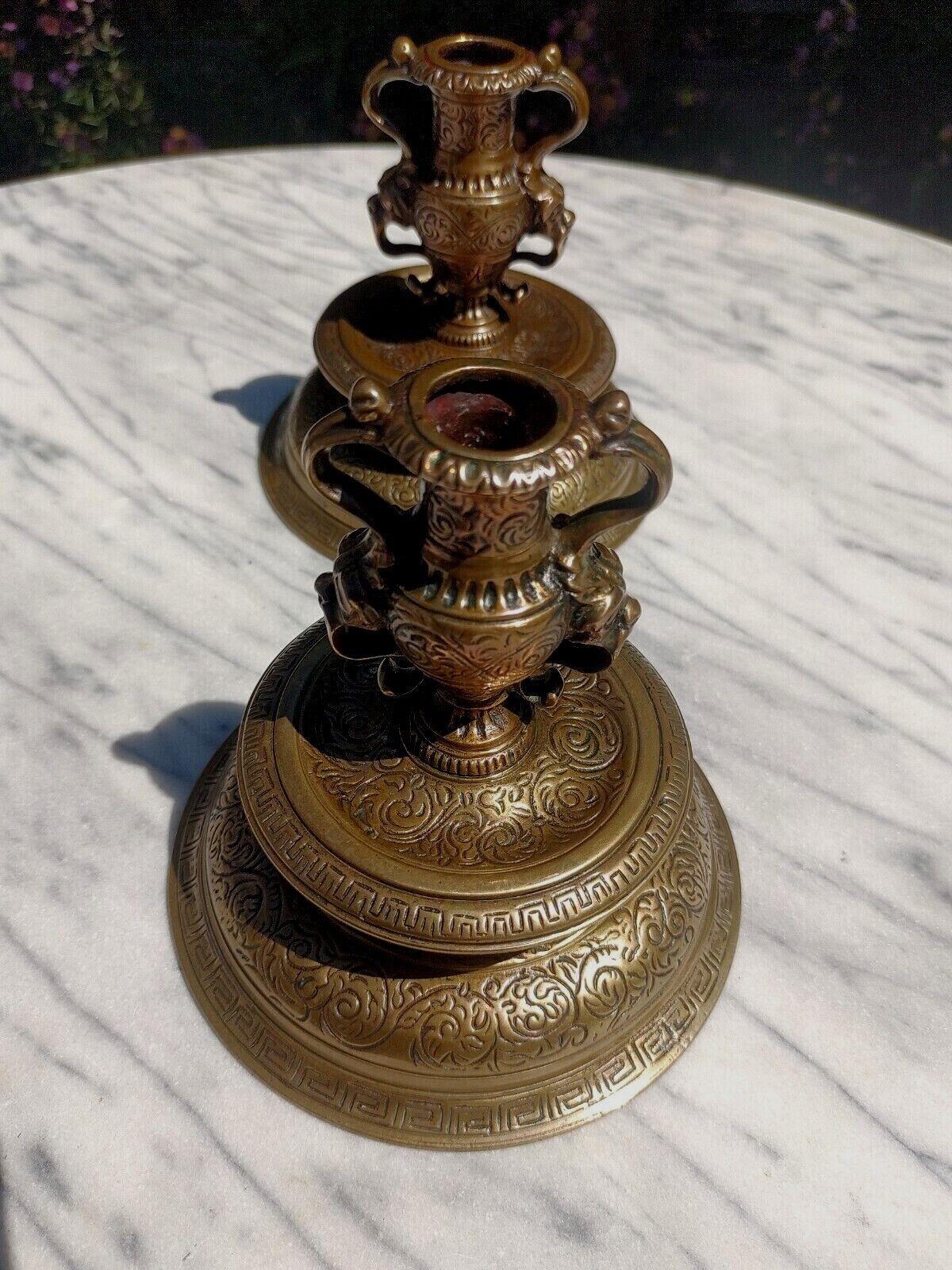 Pair of French Neoclassical Renaissance Style 19th Century Bronze Urn Candlestick Holders - Tommy's Treasure