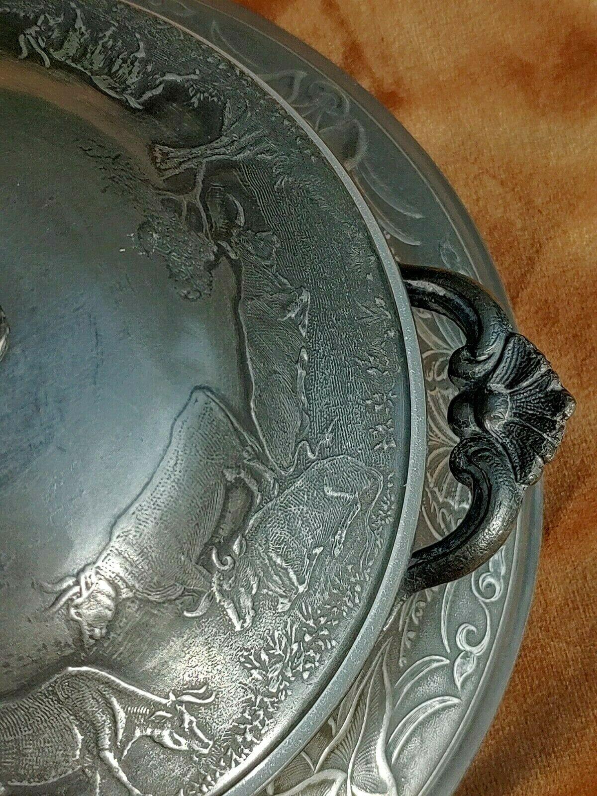 Antique Pewter Butter Dish Embossed Farm Agriculture Scene + Glass Liner - Tommy's Treasure