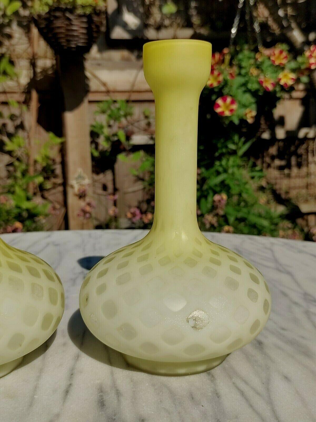 Antique Victorian Pair of Diamond Quilted Yellow & White Blown Satin Glass Vases - Tommy's Treasure
