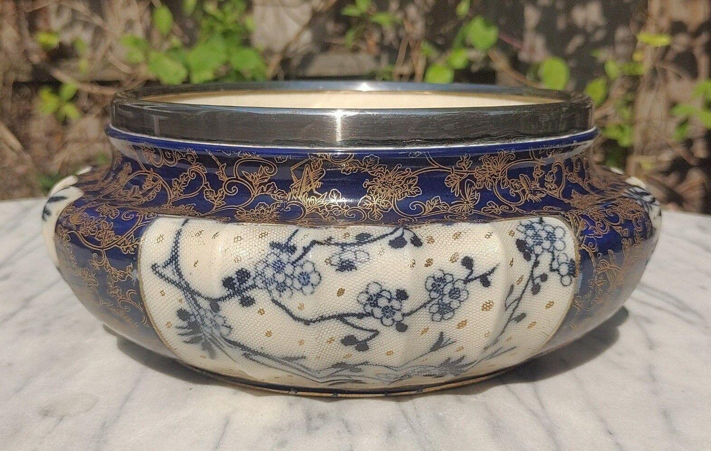 Doulton Burslem Flow Blue and White Salad Bowl Gilt Silver Plated 10" - Tommy's Treasure
