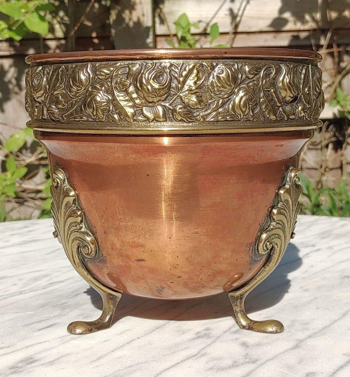 Antique Art Nouveau Copper & Brass Floral Repousse Jardiniere Footed Planter - Tommy's Treasure