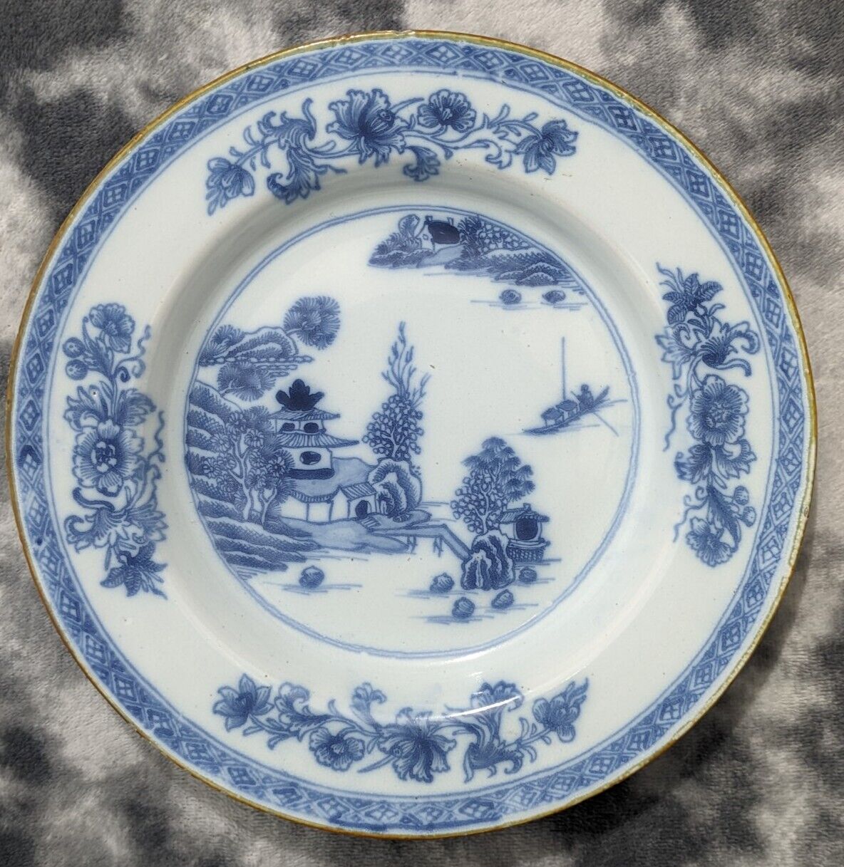 Antique 18th Century Chinese Blue & White Landscape Porcelain Plate Dish 23 cm