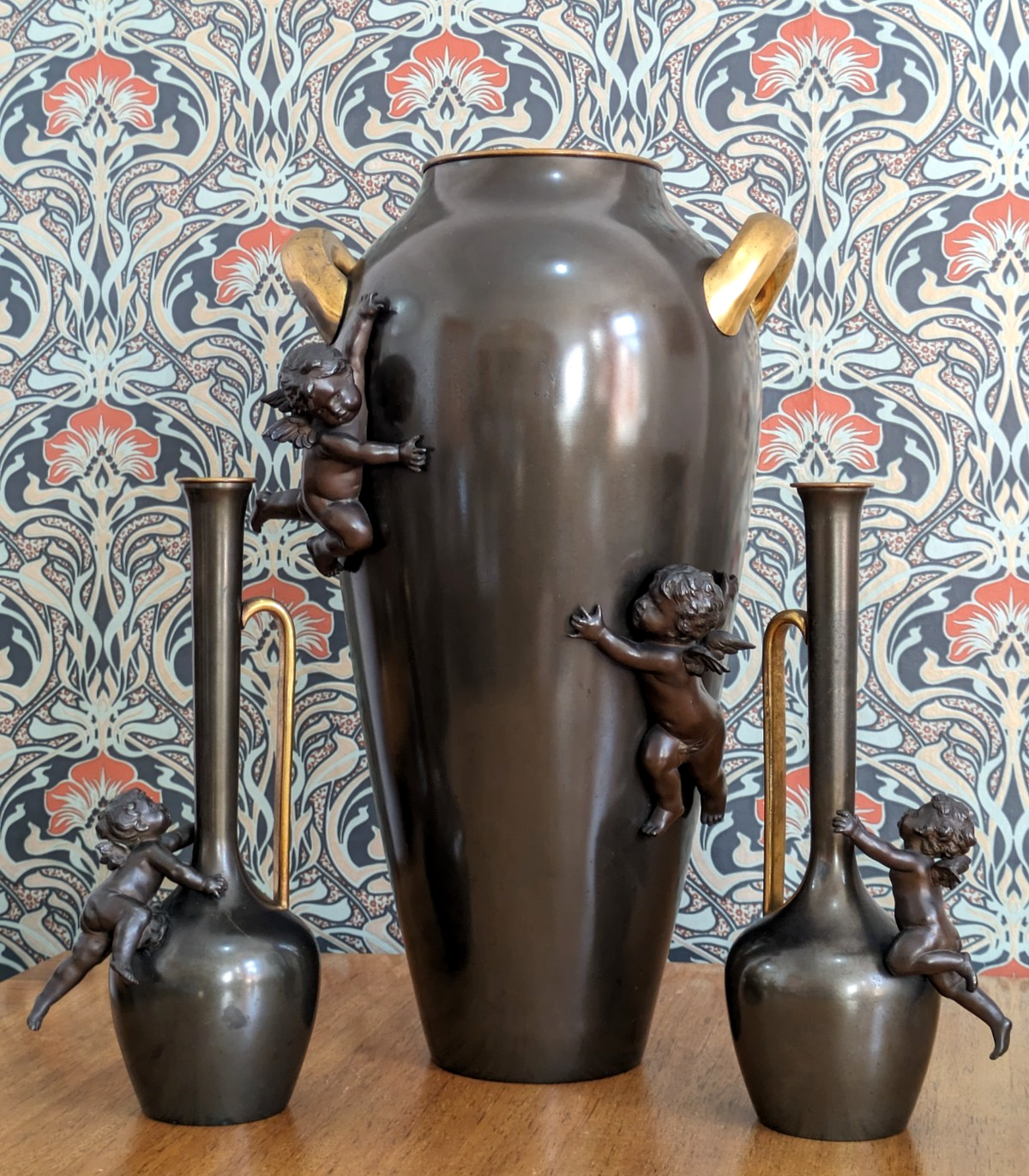 Early 20th Century German Kayser Art Nouveau Large Bronze Gilt Cherub Vase 52 cm