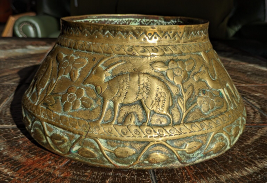 19th Century Persian Brass Qajar Engraved Animal Jardiniere Planter Vase Antique
