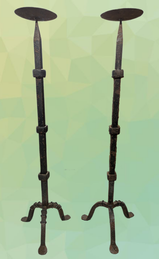 Antique Pair of Wrought Iron Arts & Crafts Standing Pricket Candle Stick Holders