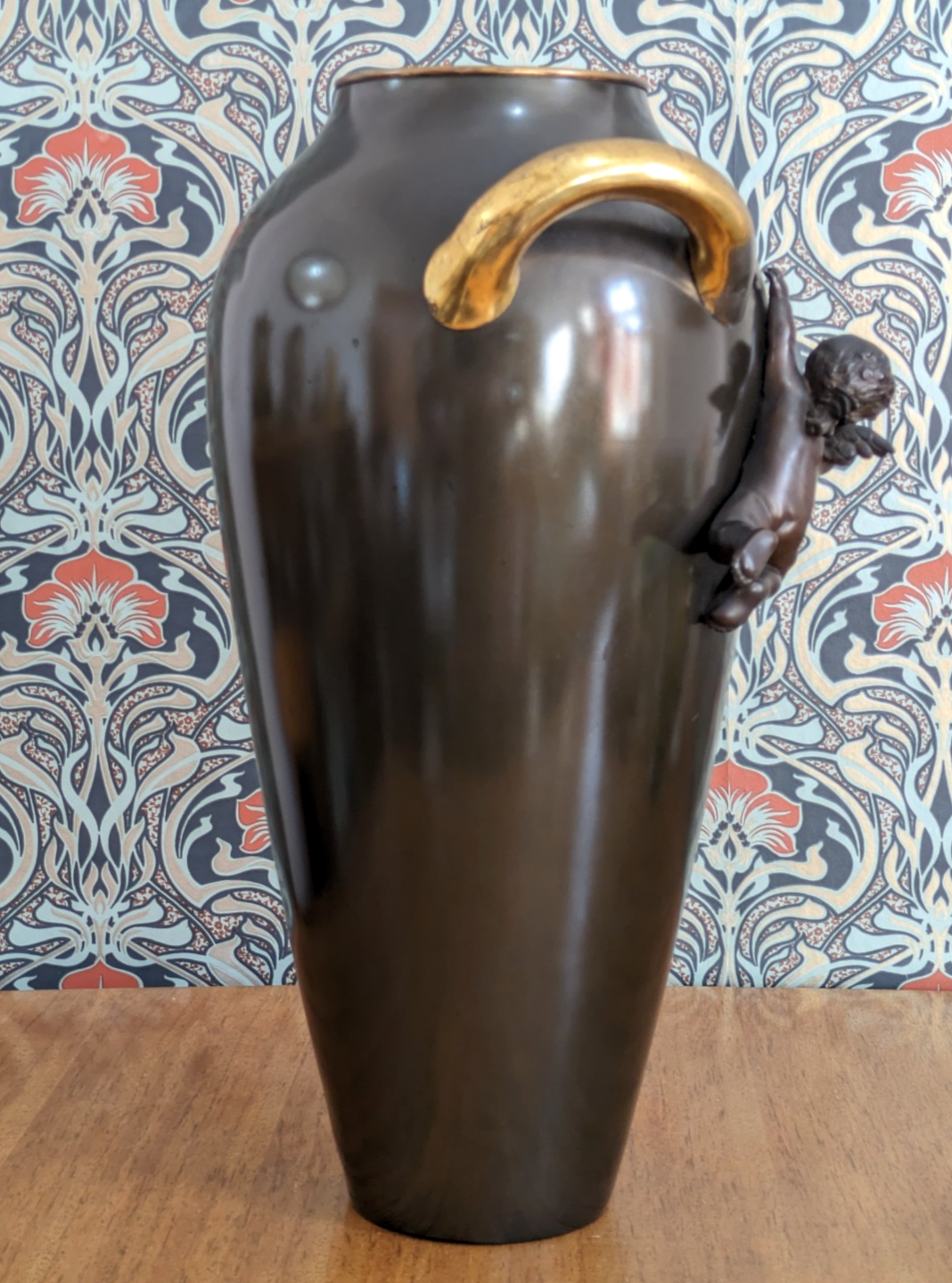Early 20th Century German Kayser Art Nouveau Large Bronze Gilt Cherub Vase 52 cm