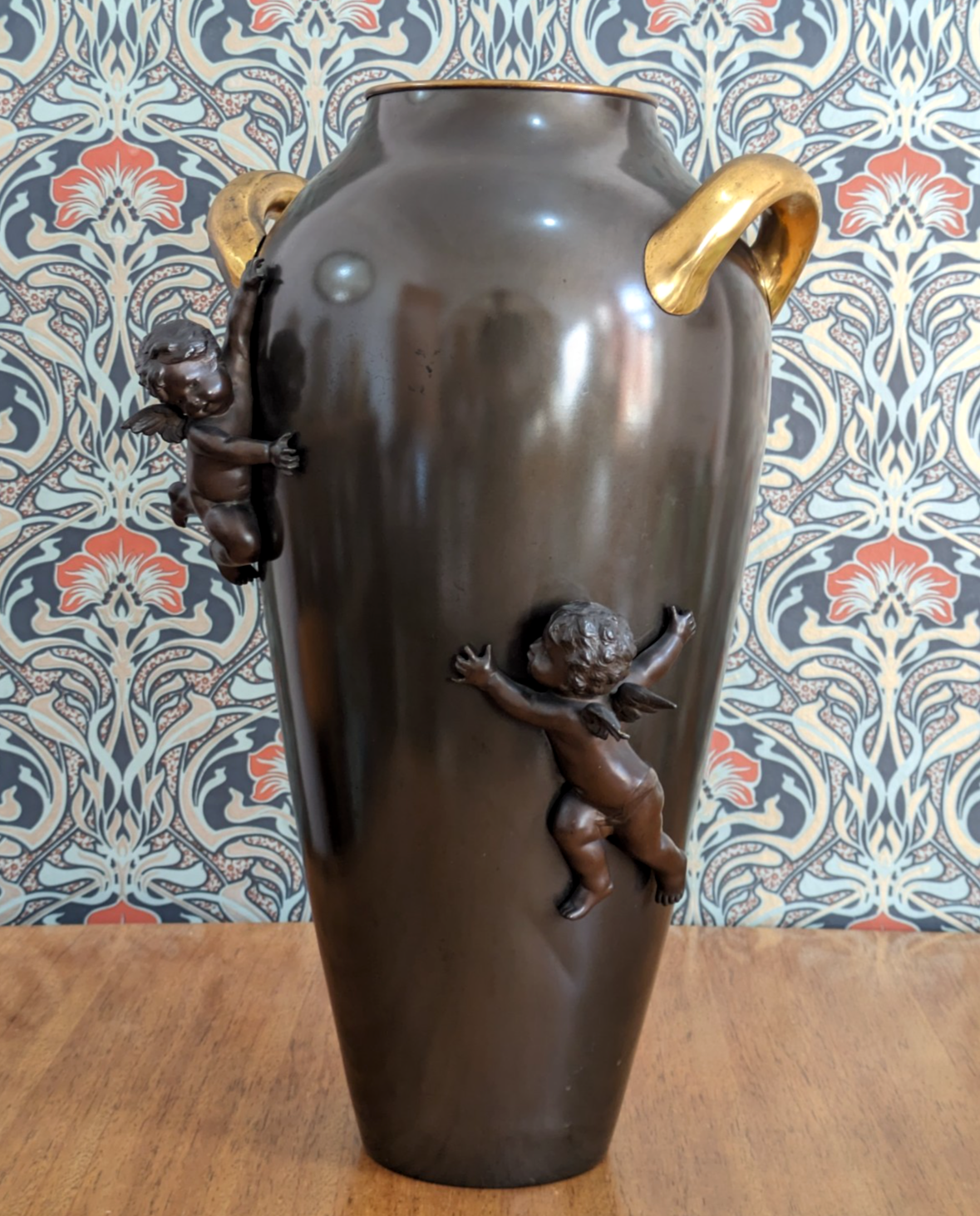 Early 20th Century German Kayser Art Nouveau Large Bronze Gilt Cherub Vase 52 cm