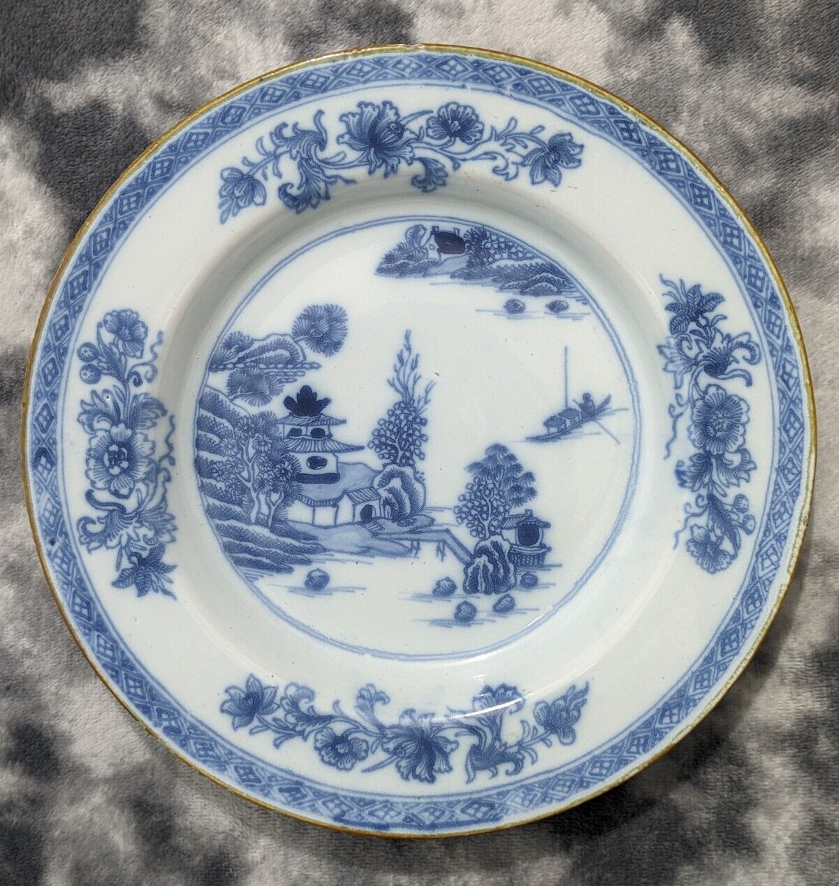 Antique 18th Century Chinese Blue & White Landscape Porcelain Plate Dish 23 cm
