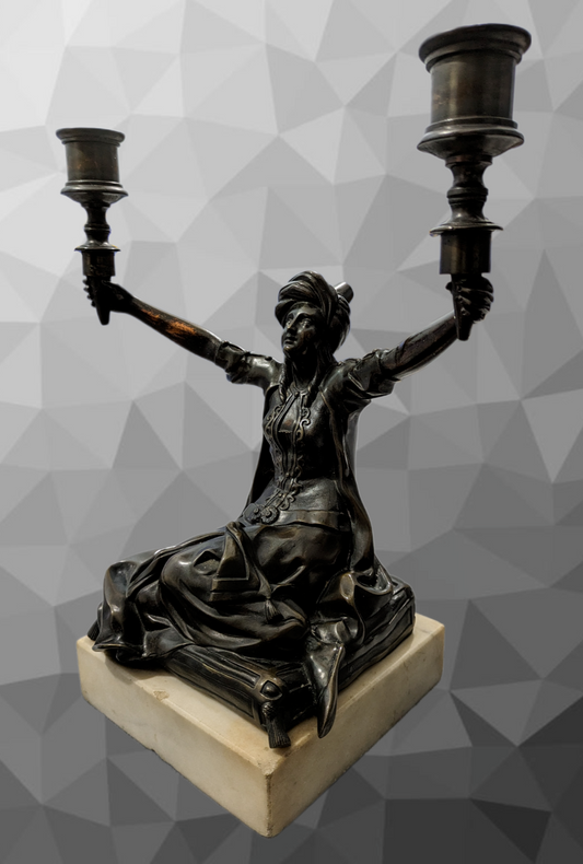 Antique Art Nouveau Figural Bronze Marble Twin Candlestick Candelabra Holder