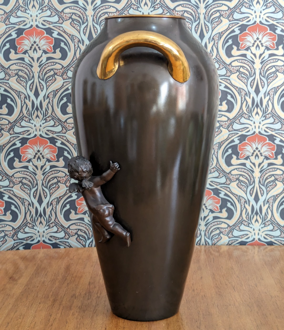 Early 20th Century German Kayser Art Nouveau Large Bronze Gilt Cherub Vase 52 cm