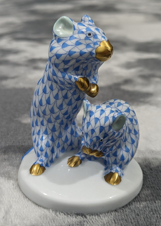 Herend Hungary Animal Porcelain Figure Mice Blue Fishnet Vintage 20th Century