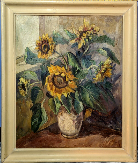 Carl Mortensen 1861 Danish Antique Vintage Sunflower Still Life Oil Painting Art