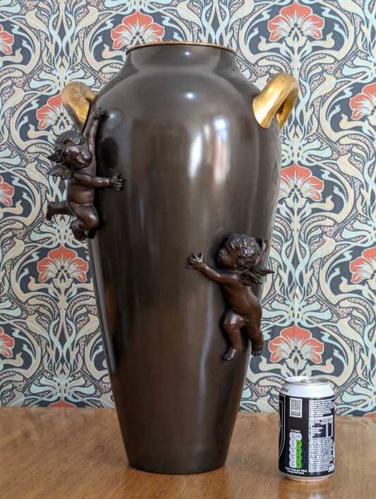 Early 20th Century German Kayser Art Nouveau Large Bronze Gilt Cherub Vase 52 cm