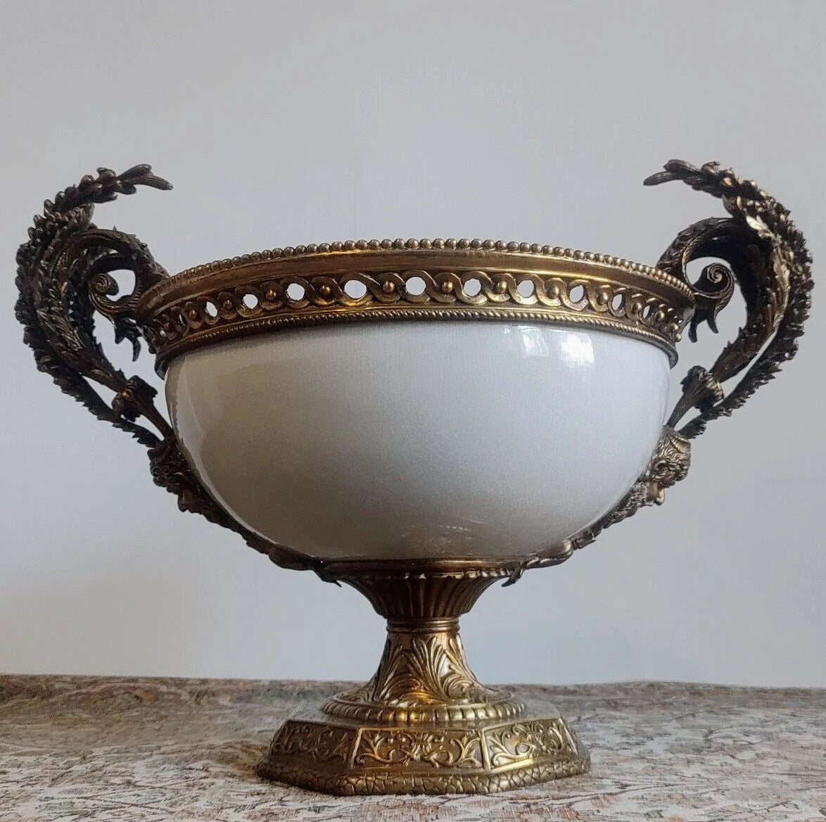 French Louis XVI Antique Style Ceramic Brass Centrepiece Compote Bowl Urn