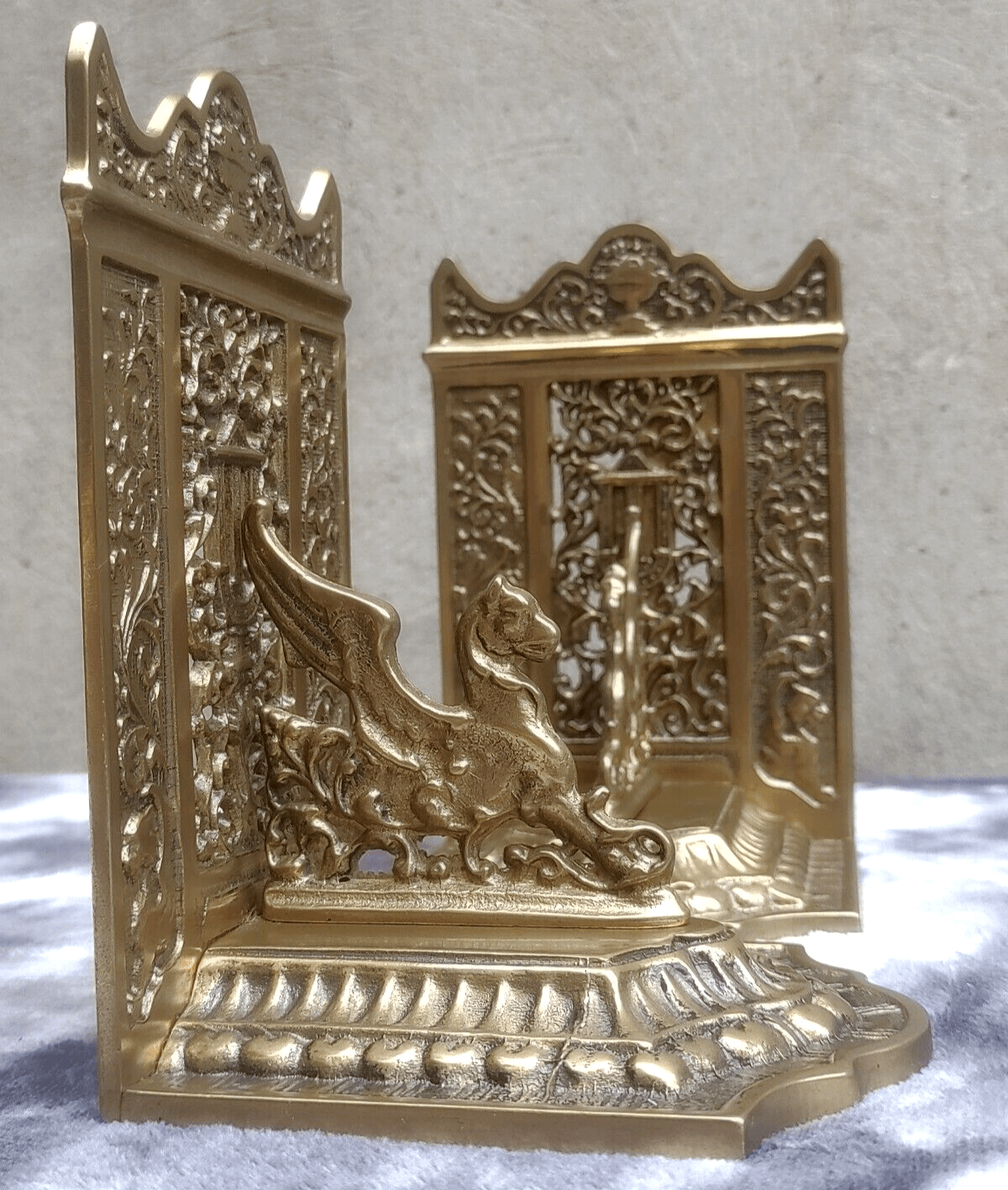 Antique 1920s French Pierced Brass Mythological Gothic Winged Griffin Bookends - Tommy's Treasure