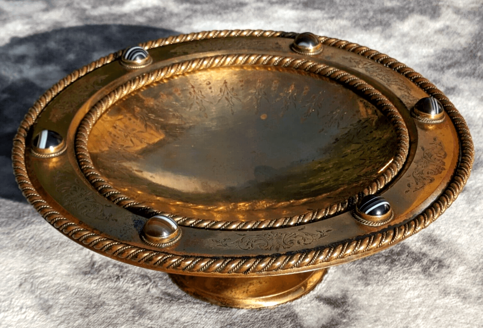 Antique 19th Century Scottish Arts Crafts Agate Cabochon Gilt Bronze Tazza Bowl - Tommy's Treasure