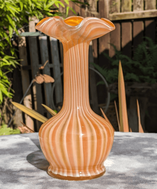 Mid Century Murano Italian Vintage Candy Striped Orange White Glass Vase - 23 cm - Tommy's Treasure