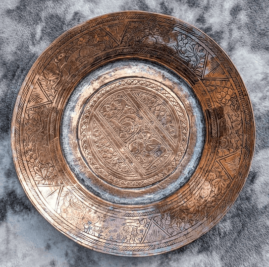 Antique Islamic Ottoman Tinned Copper Dish Engraved Calligraphy Script Animals - Tommy's Treasure