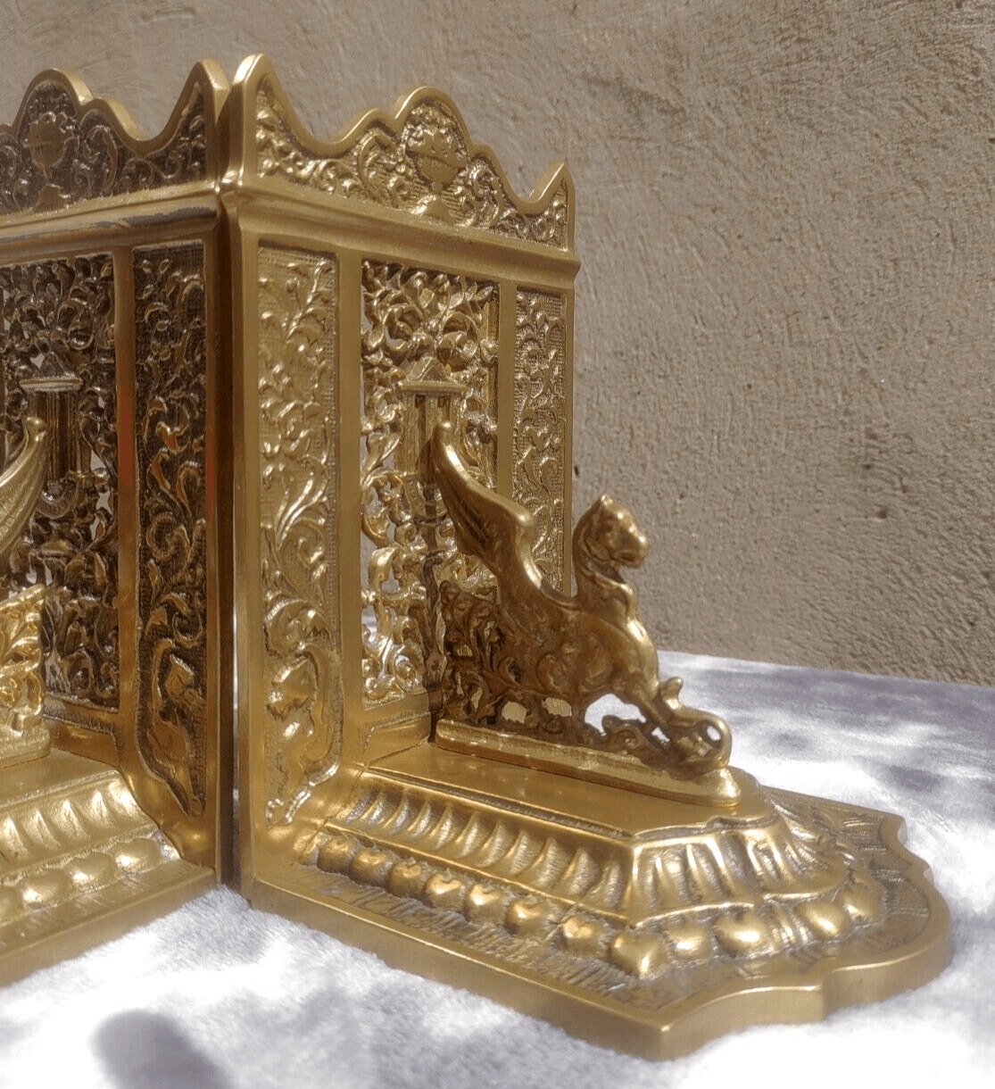 Antique 1920s French Pierced Brass Mythological Gothic Winged Griffin Bookends - Tommy's Treasure