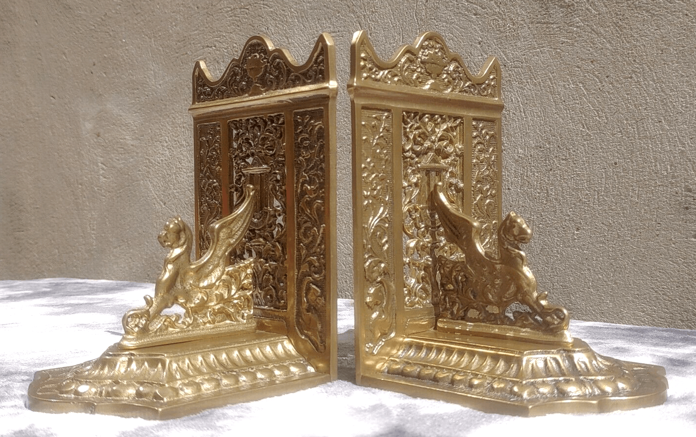 Antique 1920s French Pierced Brass Mythological Gothic Winged Griffin Bookends - Tommy's Treasure