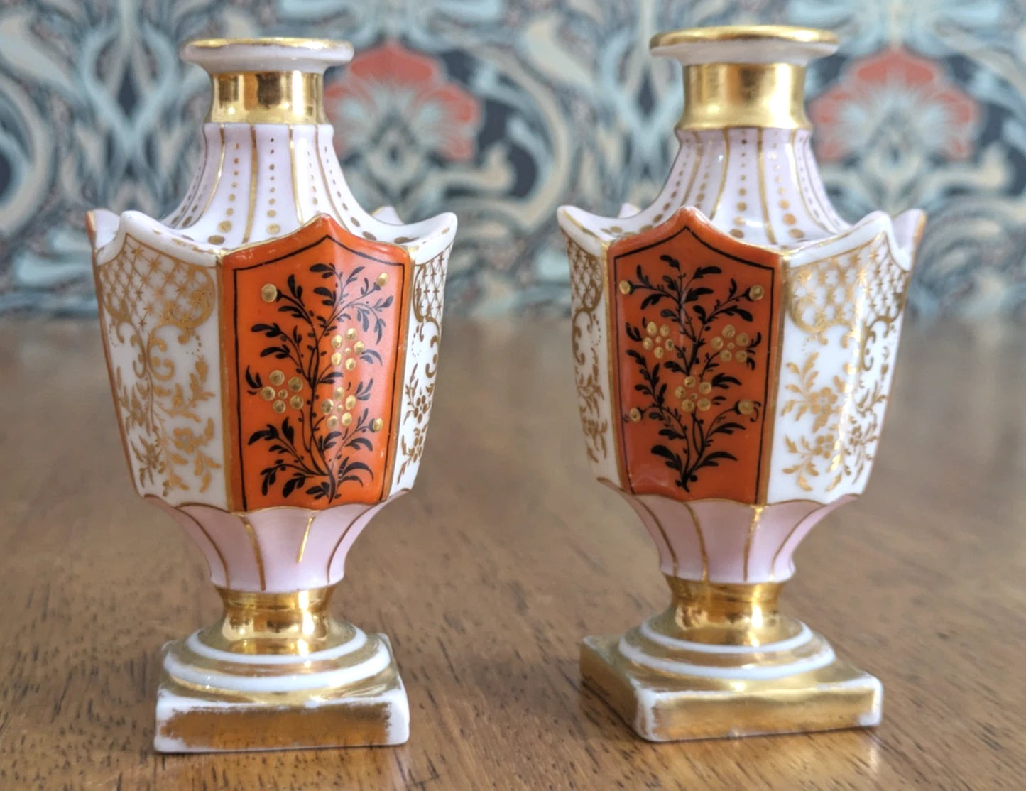 Small Pair French 19th Century Porcelain Bud Vases Scent Perfume Bottles Antique