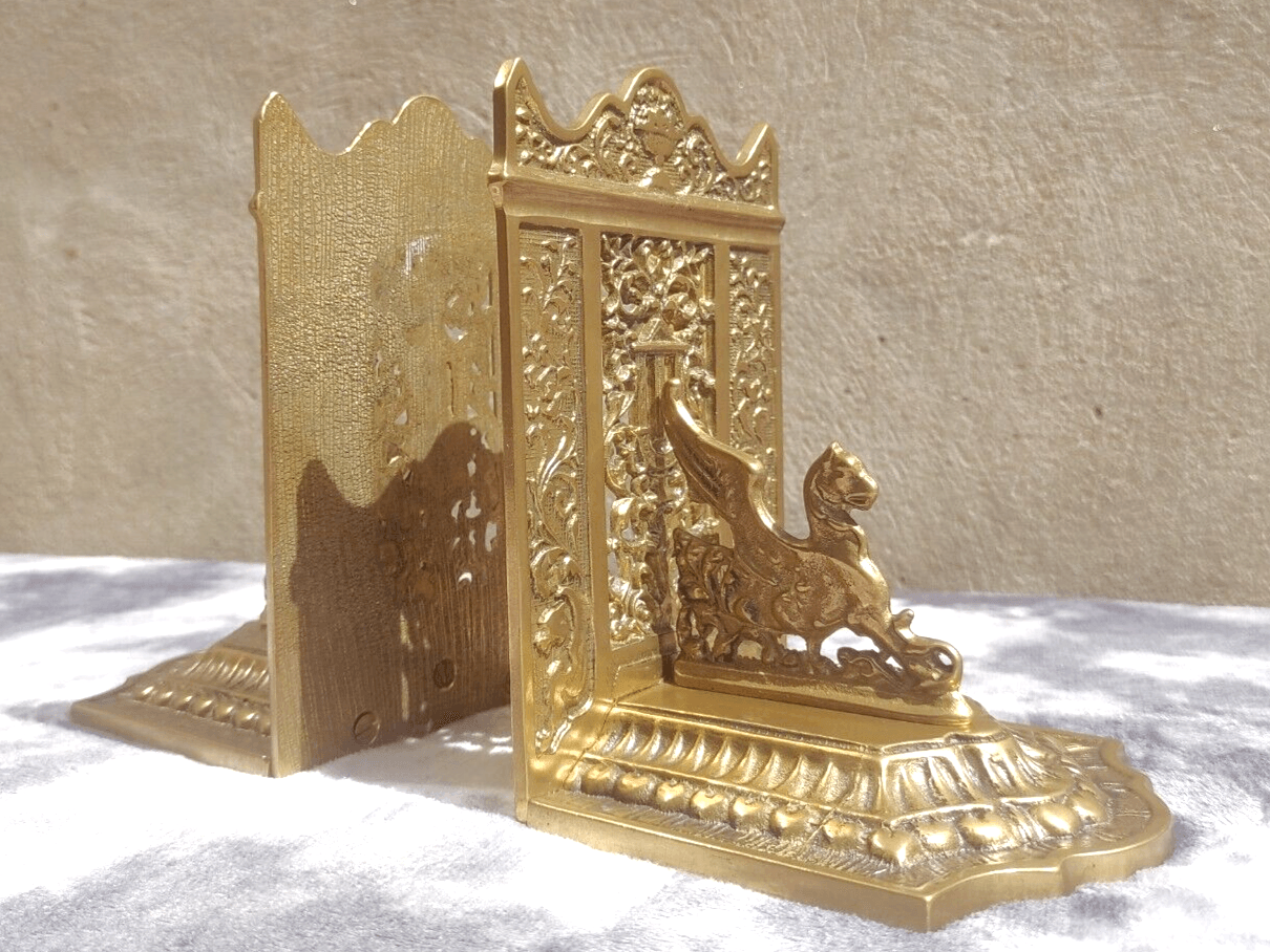 Antique 1920s French Pierced Brass Mythological Gothic Winged Griffin Bookends - Tommy's Treasure
